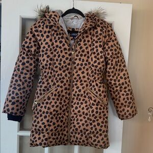 Lands End  leopard Print Kids Jacket with Faux Fur Hood which is detachable